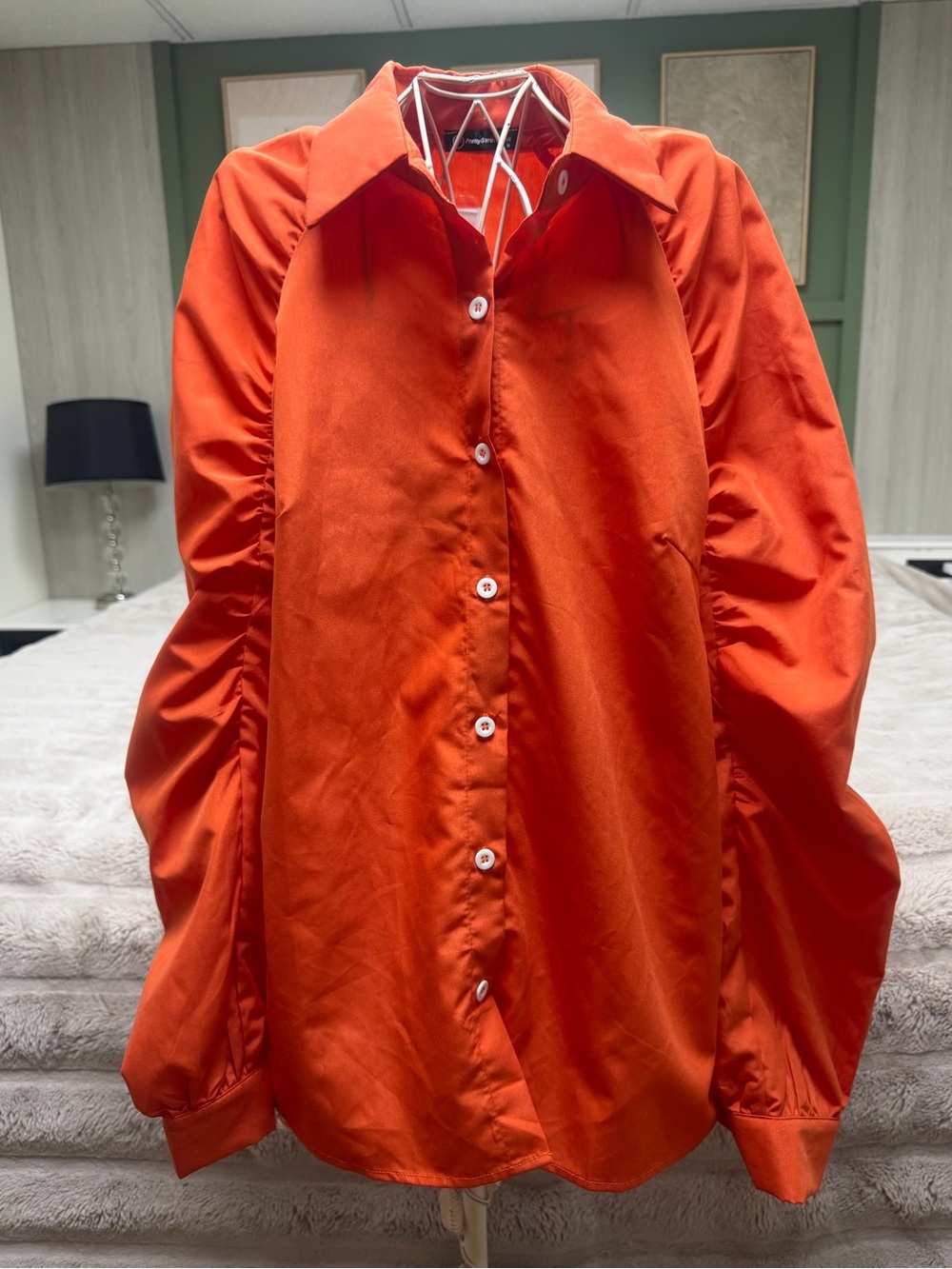 PrettyGarden Chic Orange Ruched Sleeve Button-Down Blouse Size Medium NWT